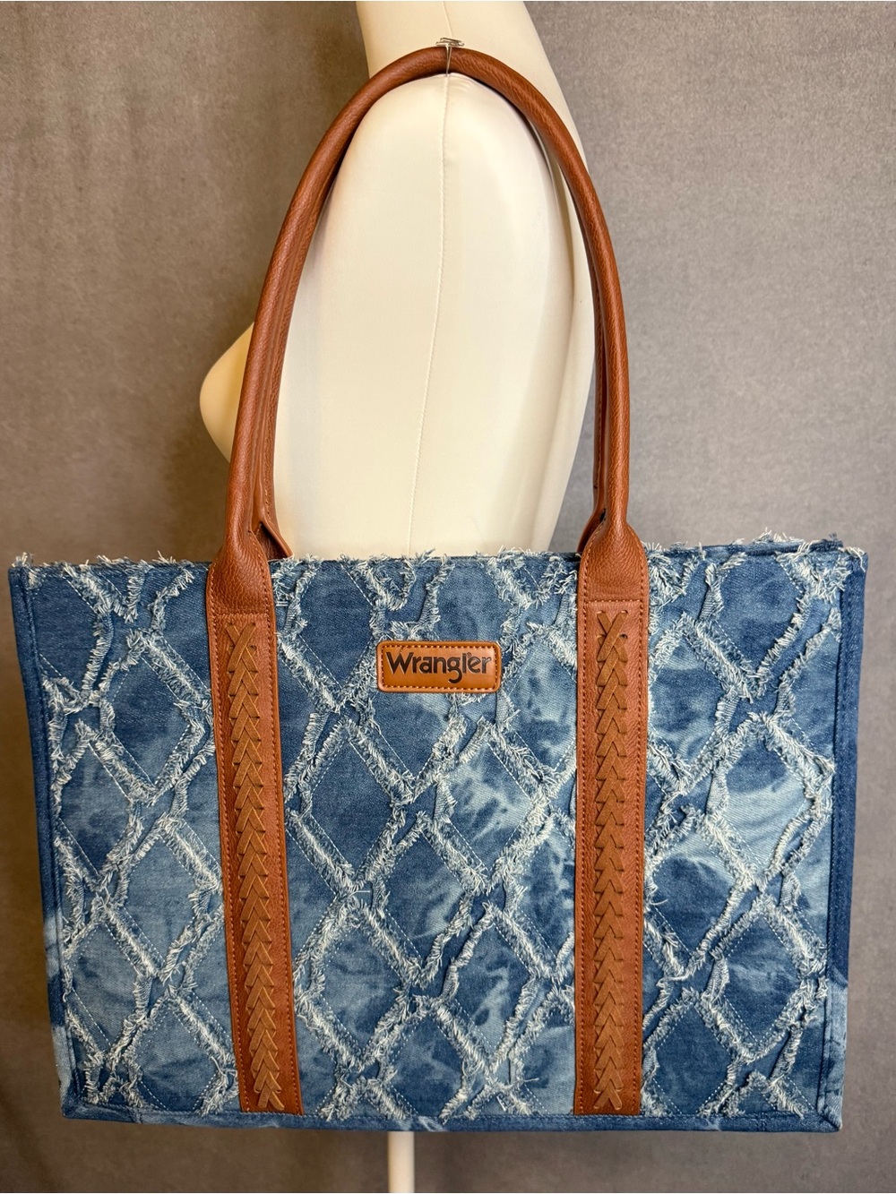 Wrangler Denim Patchwork Tote Bag Blue Frayed Denim & Faux Leather Large